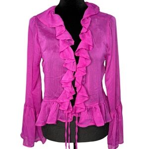 L.I.F.E. ruffle bell sleeve blouse pink sheer tie front size S Y2K boho